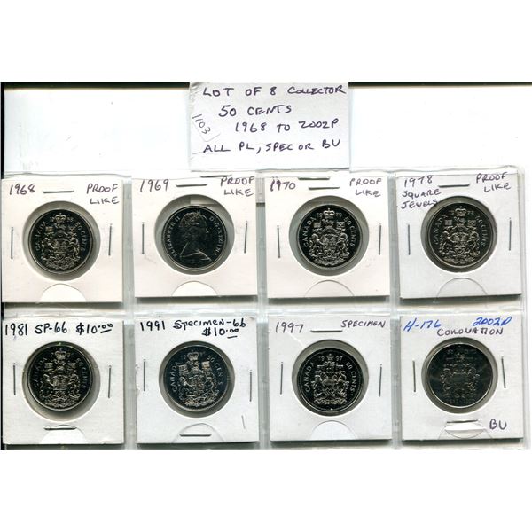 Lot of 8 Collector 50 Cents 1968 to 2002P. Includes 1968, 1969, 1970, 1978 Square Jewels, 1981, 1991