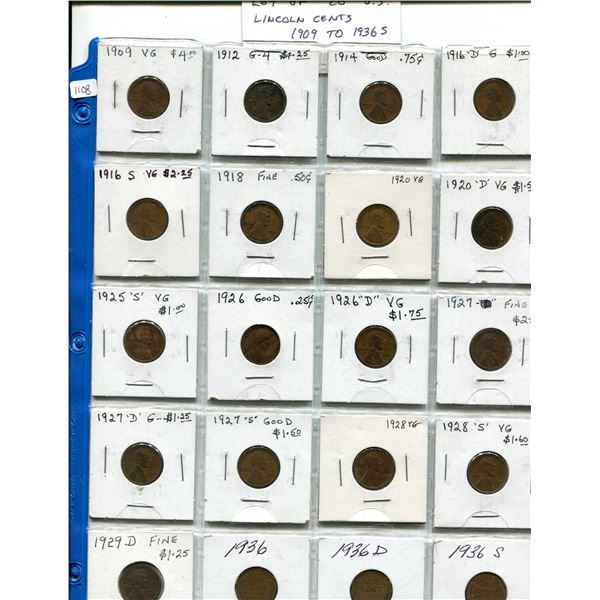 Lot of 20 U.S. Lincoln Head Wheat Cents. Includes 1909, 1912, 1914, 1916D, 1916S, 1918, 1920, 1920D,