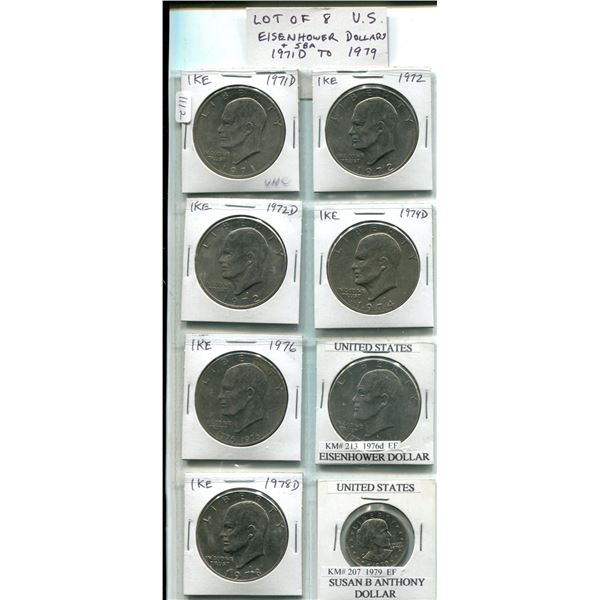Lot of 8 U.S. Eisenhower & Susan B. Anthony Dollars. Includes 1971D, 1972, 1972D, 1974D, 1976, 1976D