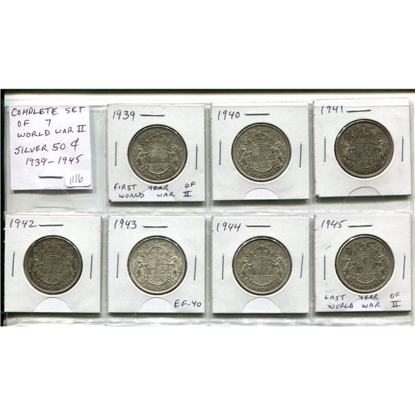 Complete set of 7 Canadian World War II Silver 50 Cents. Includes 1939, 1940, 1941, 1942, 1943, 1944