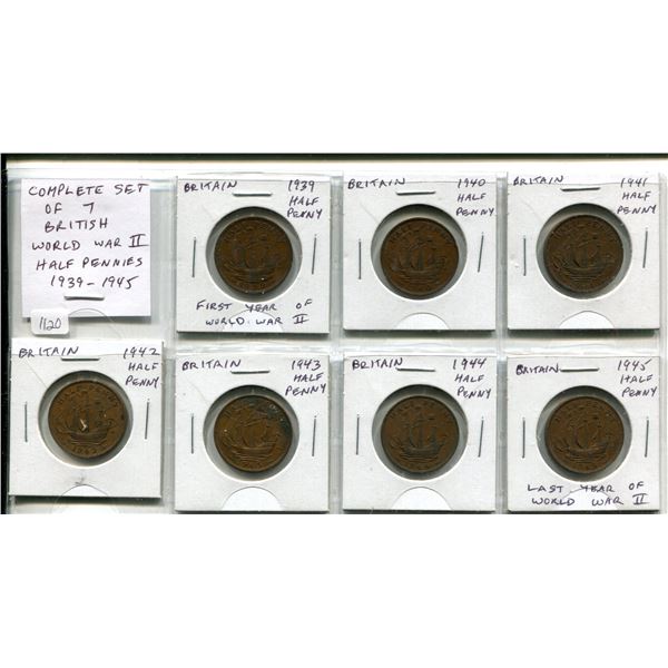 Complete set of 7 British World War II Half Pennies. Includes 1939, 1940, 1941, 1942, 1943, 1944 & 1