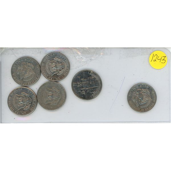 5 Kennedy Half-Dollar Coins, 1 Canada $1 Coin Jaques Cartier