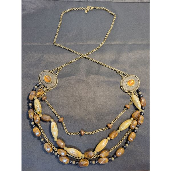 Large 3 tier beaded brown stone necklace
