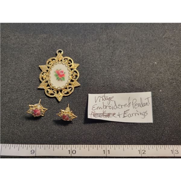 Vintage embroidered pendant and earrings (pierced)