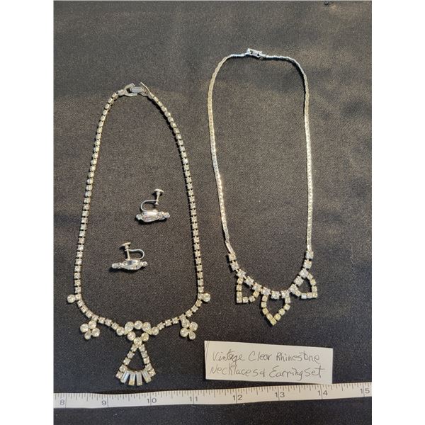 2 Rhinestone necklaces and clip on earrings
