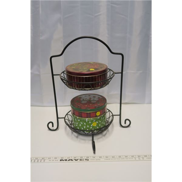 2 Tier Metal Rack w/ 3 Christmas Tins