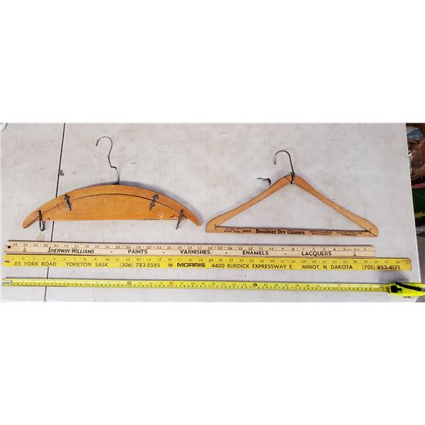 2 YARD STICKS - MORRIS & SHERWIN WILLIAMS & WOODEN HANGERS (1 BROADWAY DRY CLEANERS)