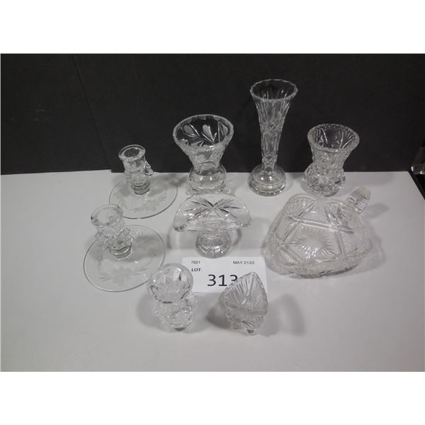 assorted Crystal candleholders, vase etc