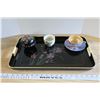 Image 1 : Butterfly Tea Tray + 2 Bird Japanese Tea cups, All 3 Made in Japan + 1 Hand Painted Lacquer Box