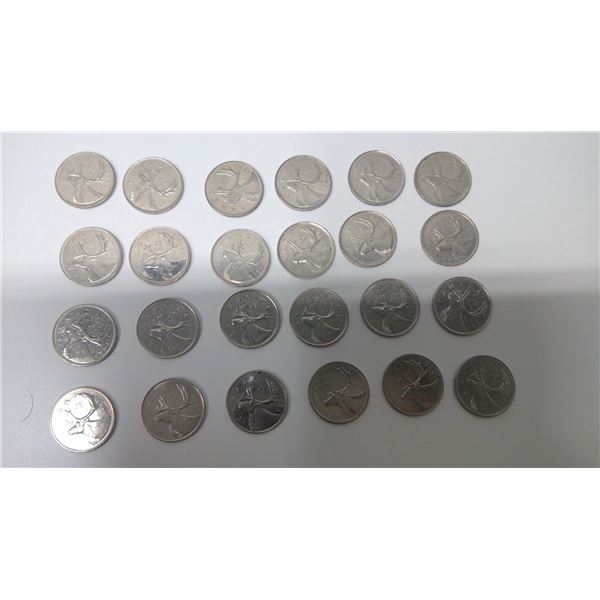 Lot of 24 Canadian Quarters (1968, 2x '80, 7x '81, 7x '82, 2x '85, 4x '86, 1x '88)