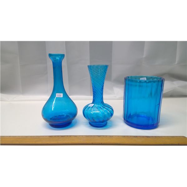 3 Blue Glass Vases