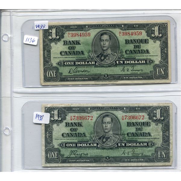 2x 1937 Canadian $1 Bills