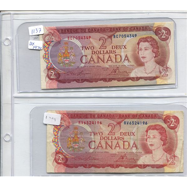 2x 1974 Canadian $2 Bills