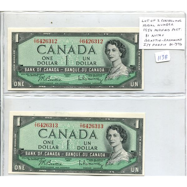 Lot of 2 Consecutive Serial Number 1954 Modified Port $1 Bills