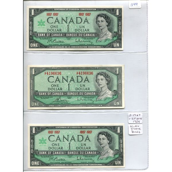 Lot of 3 Canadian $1 Bills - 2x 1967, 1x 1954