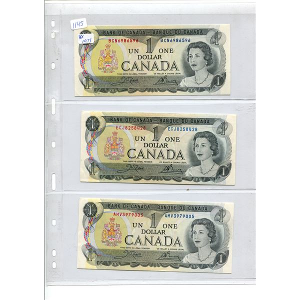 Lot of 3 1973 Canadian $1 Bills