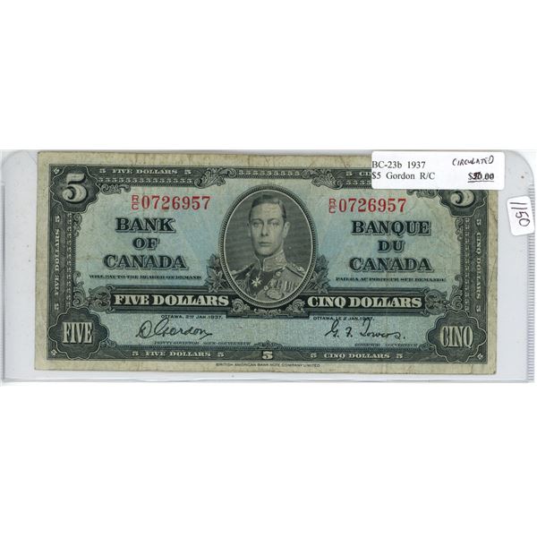 1937 - $5 King George Bill F Cond.