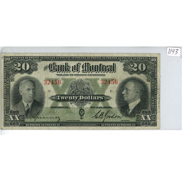 1938 $20 Bank of Montreal Bill