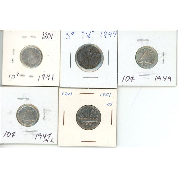 4 Silver 10¢ Coins - 1941, 1947 Maple Leaf, 1949, 1951 & 1 Silver 5¢ Coin 1944 'V'