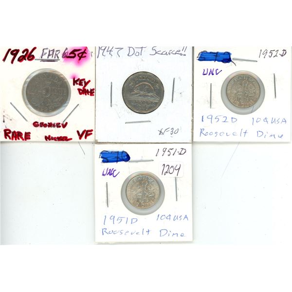 4 Coins - 2 US 10¢ 1951-D & 1952-D | 2 CAD 5¢ 1947 & 1926