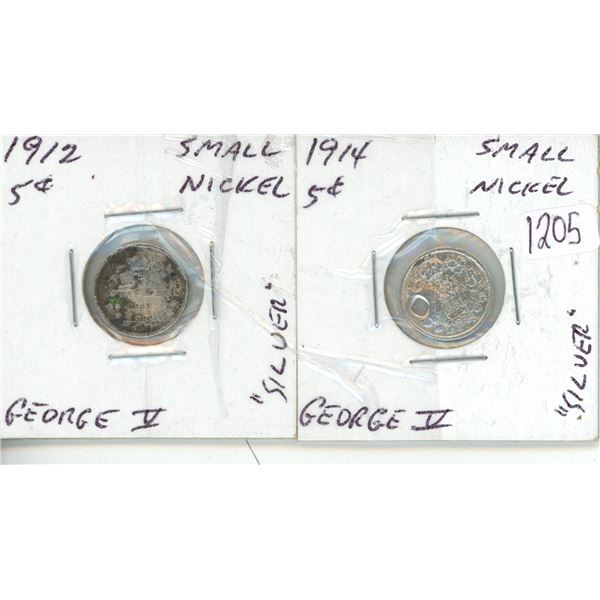 2 Small Silver 5¢ 1912 & 1914 w/ Hole