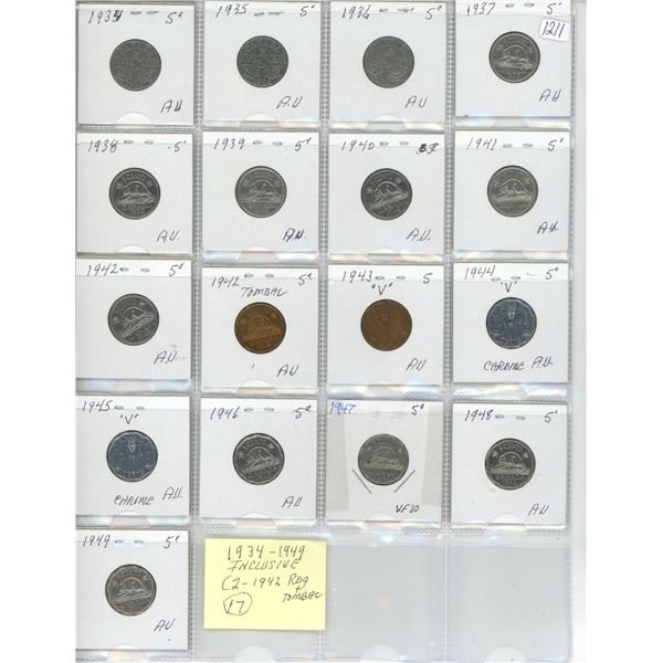 17 5¢ Coins - 1934-1949 including 2x 1942 Rgular & Tombac