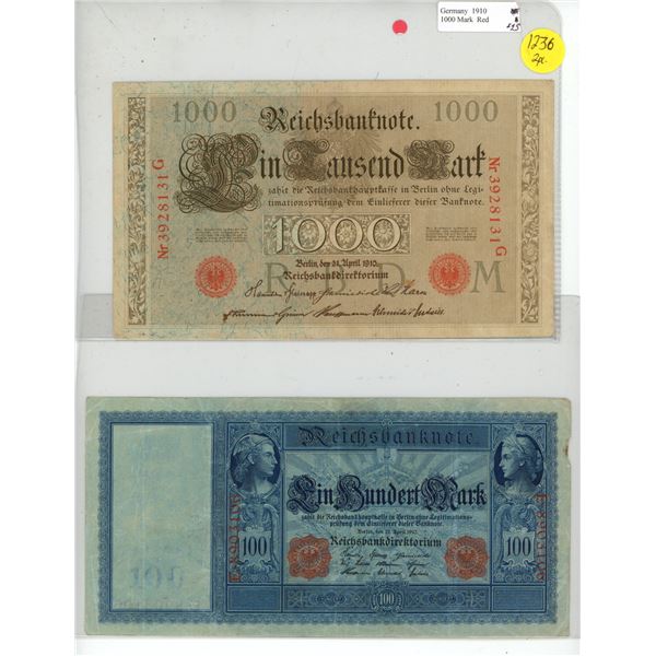 2 German Reichs Bank Notes - 1910 100 Mark & 1000 Mark