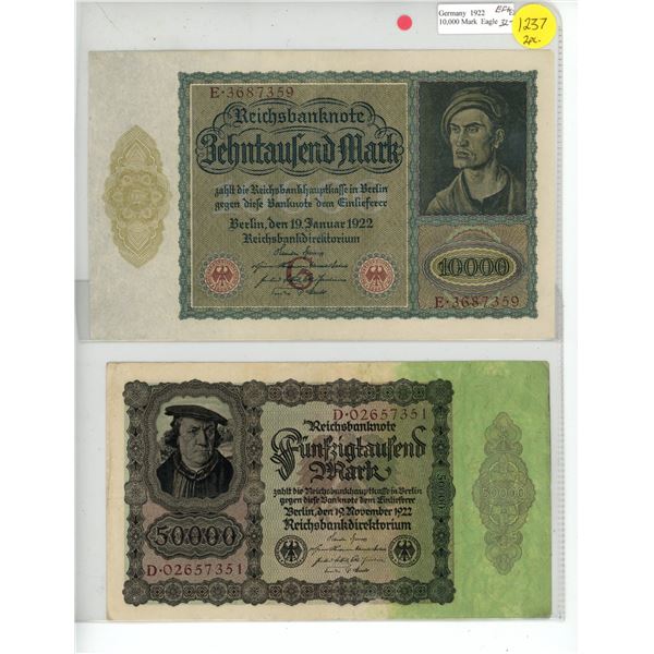 2 German Reichs Bank Notes - 1922 10 000 & 50 000