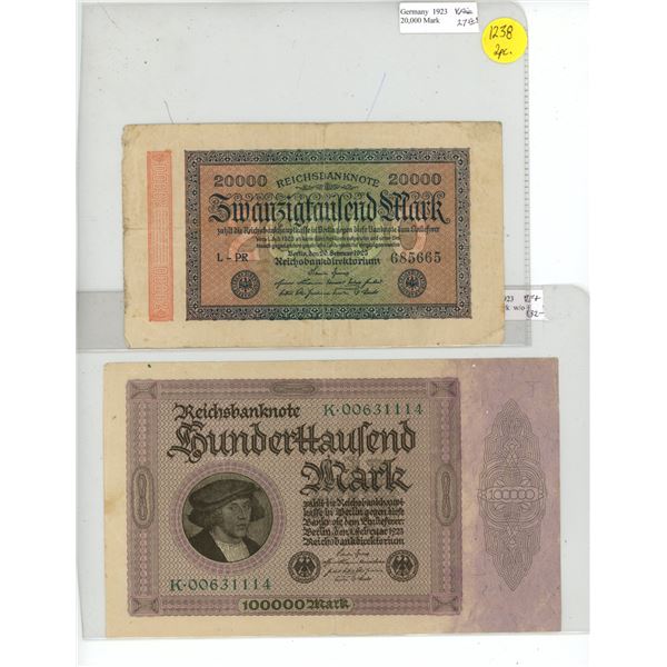 2 German Reichs Bank Notes - 1923 20 000 & 100 000