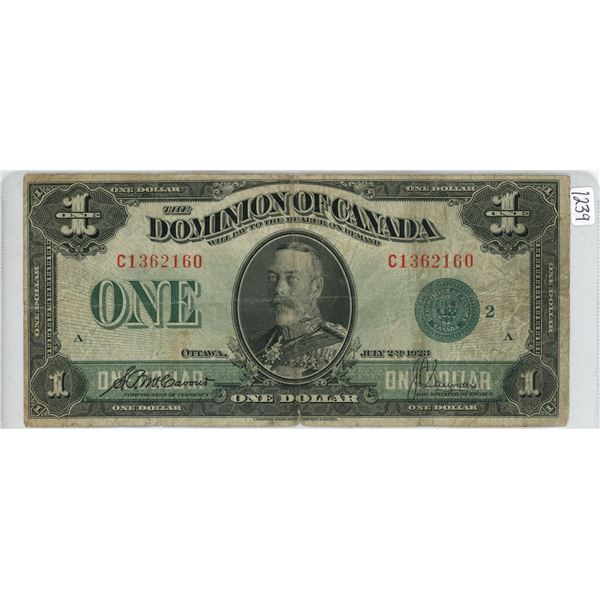 1923 - $1 Dominion of Canada Large Bank Note