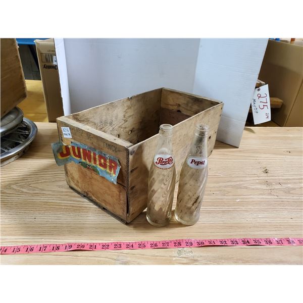 WOODEN BOX W/ 2 PEPSI COLA BOTTLES