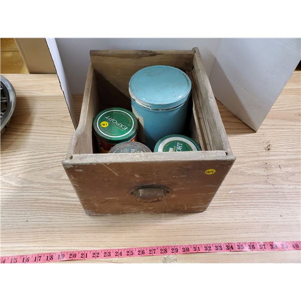 WOODEN DRAWER W/ 3 TOBACCO TINS AND OTHER TIN