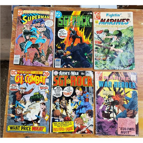 6 vintage comics -Fightin' Marines 12 cents, Sgt Rock 15/35 cents, G.I. Combat 20 cents, Marine 12  