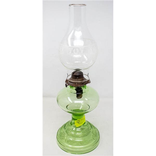 ANTIQUE GREEN GLASS OIL LAMP