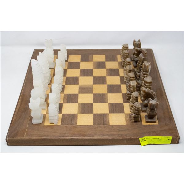 HAND CARVED STONE CHESS SET WITH BOARD