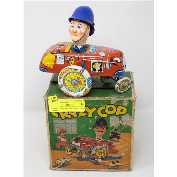 1940S TIN CRAZY COP CAR W ORIG BOX