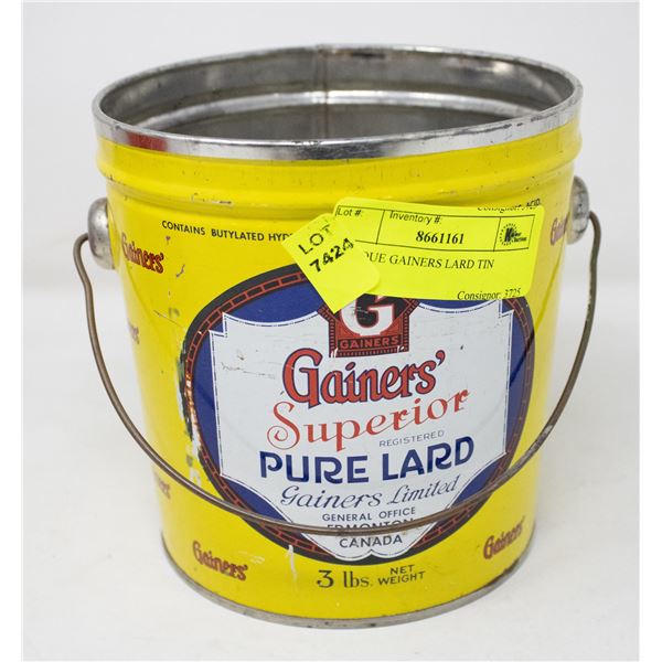 ANTIQUE GAINERS LARD TIN