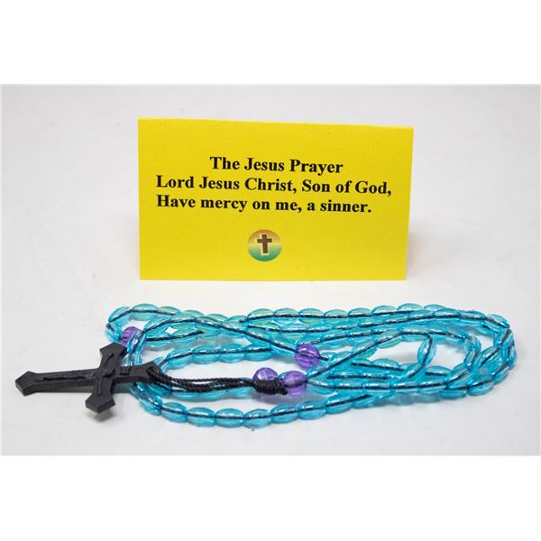 BLUE ROSARY BEADS AND CROSS