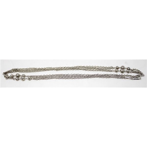 LONG SILVER TONE BEADED CHAIN NECKLACE
