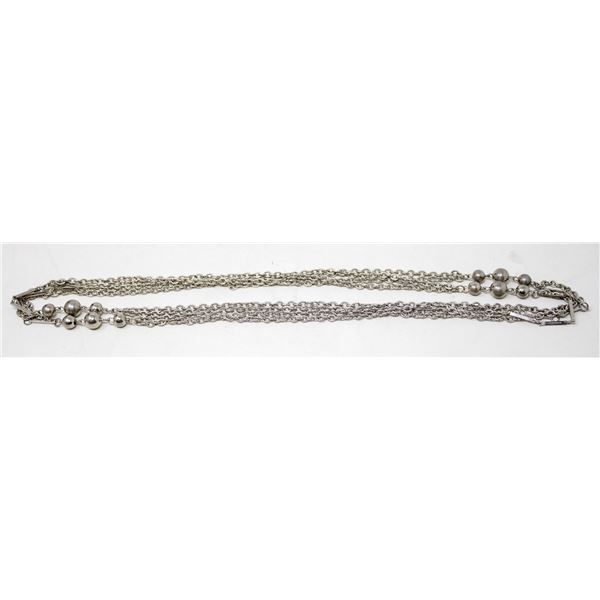 LONG SILVER TONE BEADED CHAIN NECKLACE