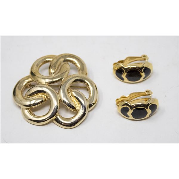 GOLD TONE BROOCH WITH CLIP EARRINGS