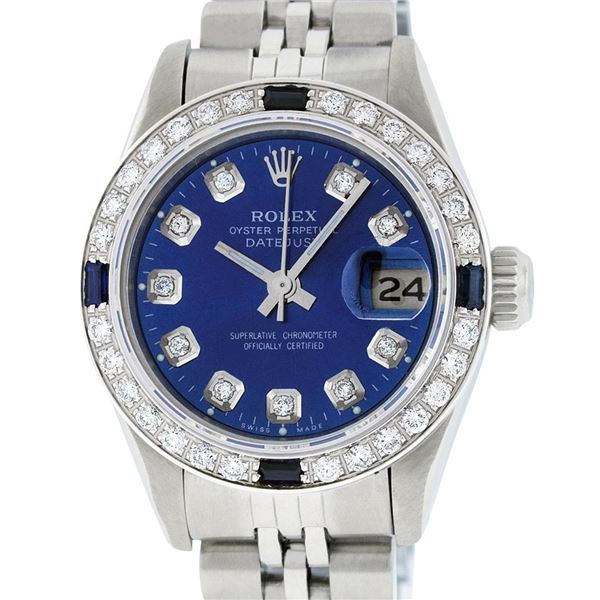 Rolex Ladies Stainless Steel Blue Diamond & Sapphire Datejust Wristwatch 26MM