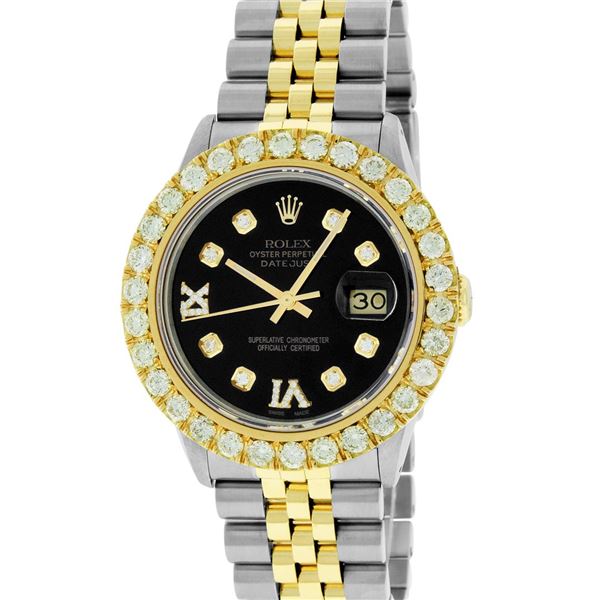 Rolex Mens 2 Tone Black VS 4 ctw Beadset Diamond Datejust Wristwatch