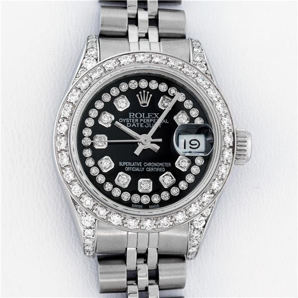 Rolex Ladies Stainless Steel 26MM Black Diamond Lugs Datejust Wristwatch Service