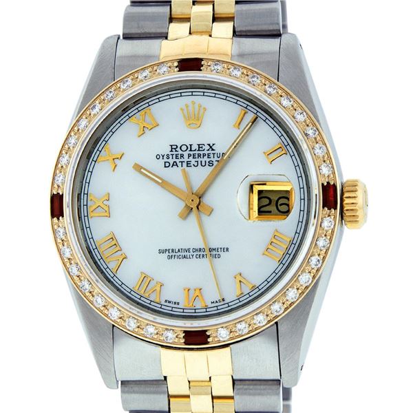 Rolex Mens 2 Tone Mother Of Pearl Diamond & Ruby 36MM Datejust