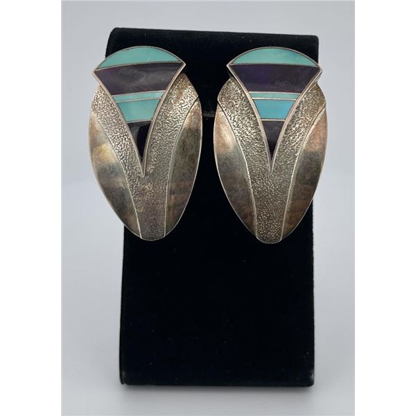 Very Fine Navajo Inlaid Sterling Silver Earrings