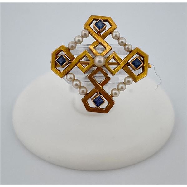 10k Gold Pearl and Sapphire Brooch