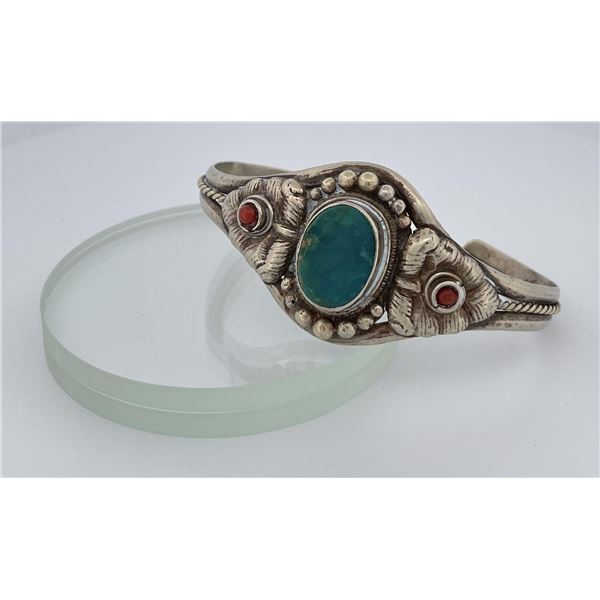 Navajo Sterling Silver Turquoise Coral Bracelet