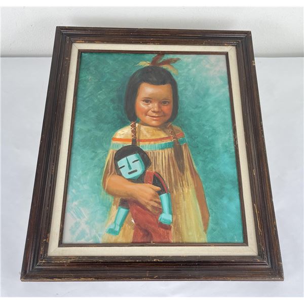 Indian Child w/ Kachina Oil on Canvas Painting