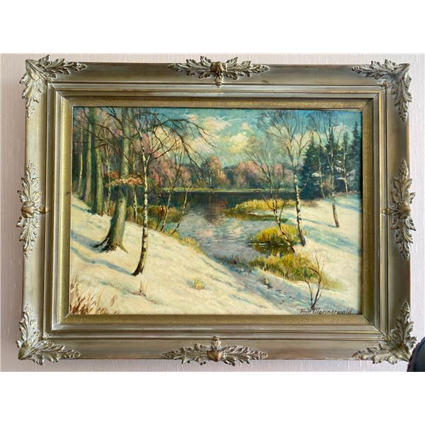 Oil on Canvas Painting In Antique Gilded Frame - Wintery Lake Scene